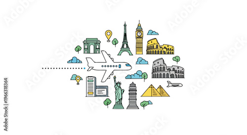 Global Travel and Tourism Concept with Airplane and Famous World Landmarks Illustration