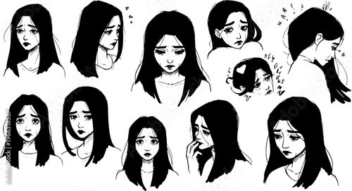 Emotional Female Portraits: A Collection of Sad and Thoughtful Expressions in Black and White Line Art