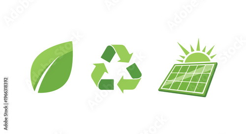 Green Ecology and Sustainability Icon Set with Leaf, Recycling Symbol, and Solar Panel