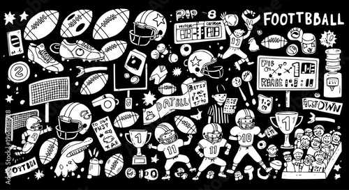 Detailed American Football Doodle Art Collection in White on Black Background, featuring Helmets, Balls, Players, Scoreboards, and Trophies.