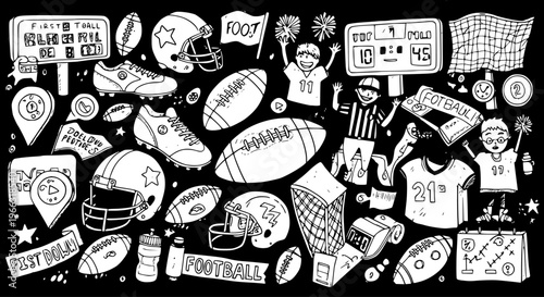 Hand-Drawn American Football Doodle Set: Sports Equipment, Players, Fans, and Game Elements on Black Background