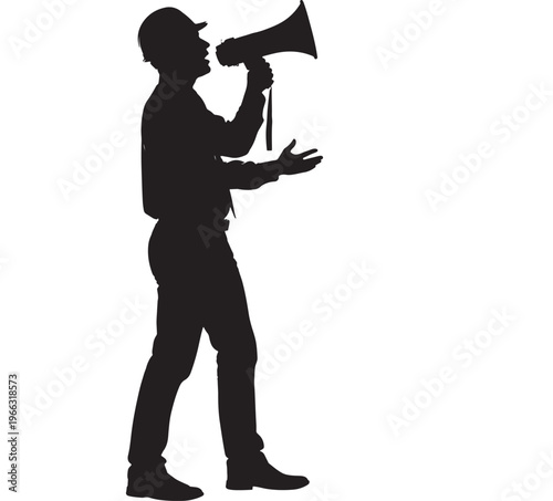Man speaking through megaphone in dramatic silhouette with bold shadows on for business announcement Transparent Background