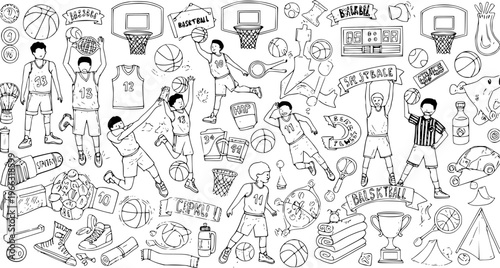 Hand-drawn Basketball Doodle Set. Collection of sketchy line art elements: players, hoops, balls, jerseys, and equipment. Ideal for sports illustrations and graphic design.