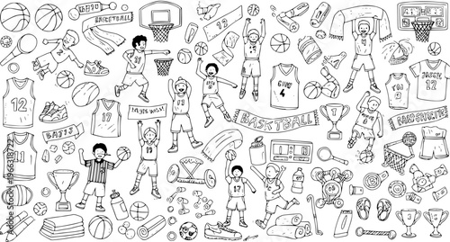 Hand-Drawn Basketball Doodles Set. Cartoon Kids Playing Sports, Balls, Hoops, Jerseys, Trophies, and Equipment Collection. Fun Sports Game Sketch.