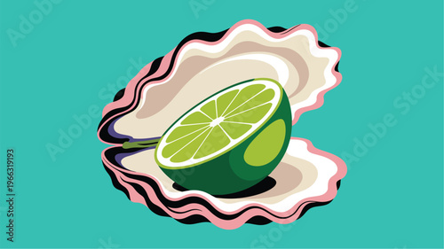 Stylized of a lime slice in an open oyster shell fruit citrus
