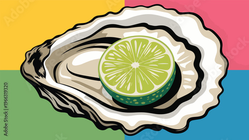 Stylized oyster with lime slice on colorful background, shellfish, seafood, citrus