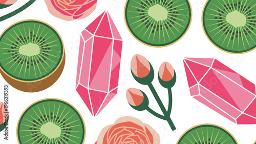 Sliced kiwi fruit, pink crystals, and rose buds pattern green black seeds