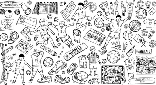 Handball Doodles Seamless Pattern: Sporting Icons, Players, and Equipment Hand-Drawn Illustration