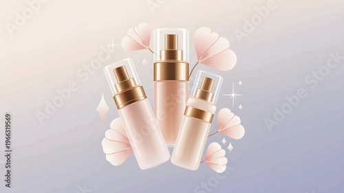 Three cosmetic bottles with gold accents and pink floral skincare beauty serum lotion