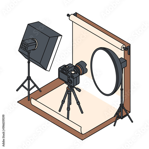 Isometric view of a photography studio setup with camera and lighting.