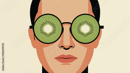 A woman with kiwi slices as eye patches and black glasses faces the fruit
