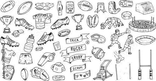 Hand-Drawn Rugby Elements: Balls, Players, Gear, and Stadiums