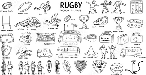 Rugby Doodle Collection: Hand-Drawn Illustrations of Game Elements, Players  Equipment