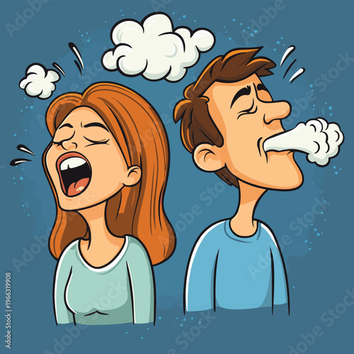 Illustration - Snoring - A humorous cartoon of a partner disturbed by loud snoring, with exaggerated sound waves , vector style simple color