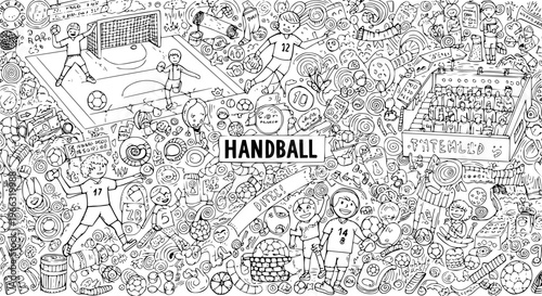 Detailed Handball Doodle Illustration: Sports, Games, and Activities in Black and White