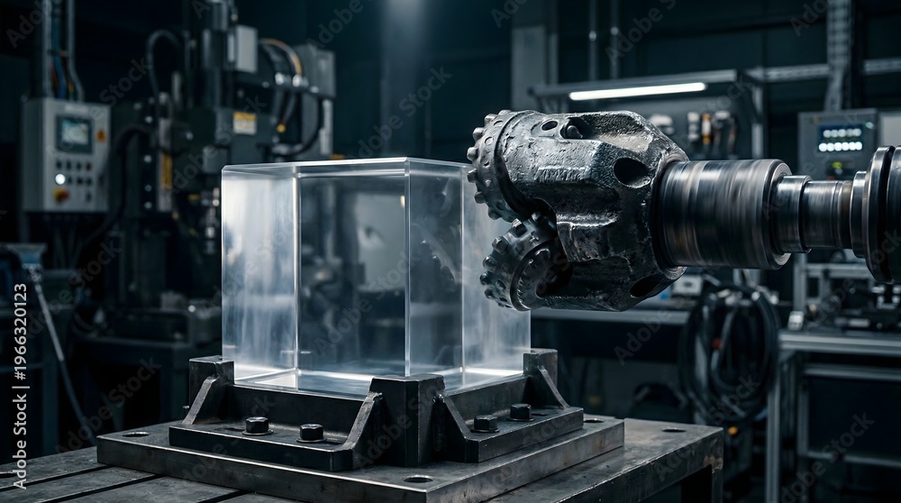 Fototapeta premium A massive industrial drill bit poised to penetrate a crystalline block of pure potential, symbolizing the raw power of industry refining the clarity of new ideas and hidden truths