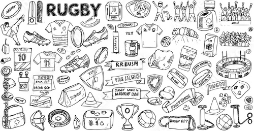 Rugby Hand Drawn Doodle Icon Set - Sport Elements, Players, Stadium, Fans  Equipment Collection