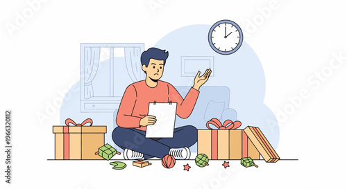Man with clipboard seated among gifts arrangement.