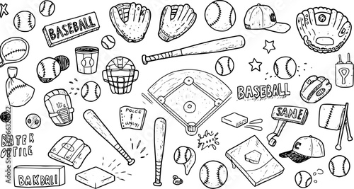 Hand-drawn doodle collection of various baseball equipment and elements, including bats, balls, gloves, helmets, catcher's gear, baseball field, and text, in black and white sketch style.