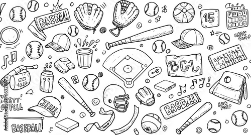 Hand-drawn doodle seamless pattern of baseball equipment and accessories: bats, balls, gloves, caps, field, scoreboards, and various related elements.