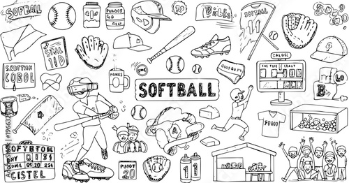 Softball Doodles Collection: Hand-drawn illustrations of game elements, players, and equipment with playful, whimsical text and unique design