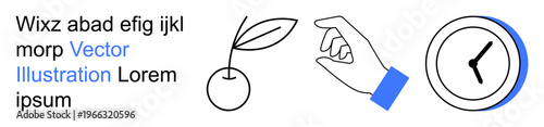 Graphic design, time management, growth symbolism, minimalism, aesthetic concepts, and productivity. Line art of a cherry, hand and clock. Growth symbolism and time management