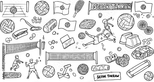 Sepak Takraw Doodle Illustration: Hand-Drawn Elements of a Popular Sport