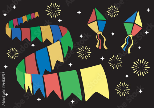 Colorful June festival flags fluttering in perspective. Balloons and fireworks against a dark and starry background