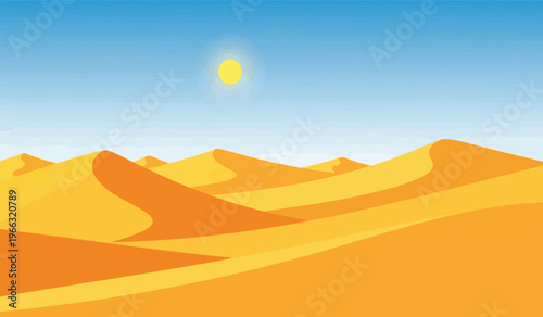 Vast desert landscape with rolling sand dunes under a bright sun