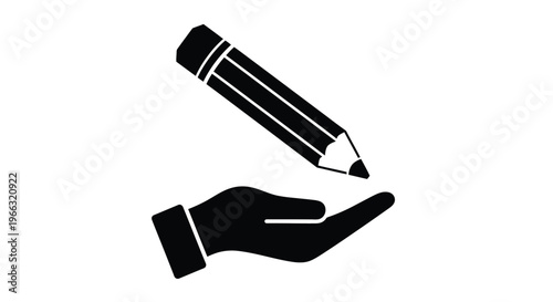 Black silhouette vector graphic illustration showing an open hand carefully holding or offering a large sharpened writing pencil ready for creation.