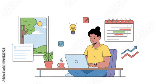 Illustration of a woman working on a laptop at a desk with a calendar, plant, and window in the background, conveying a productive mood with a mix of office and natural elements.