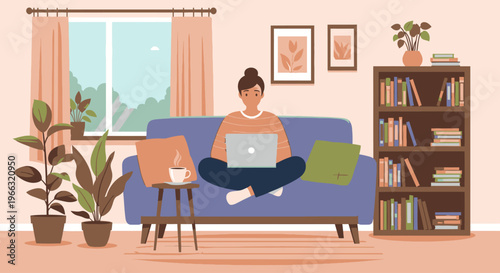 A woman sits on a blue couch with a laptop on her lap in a cozy living room with plants and books.