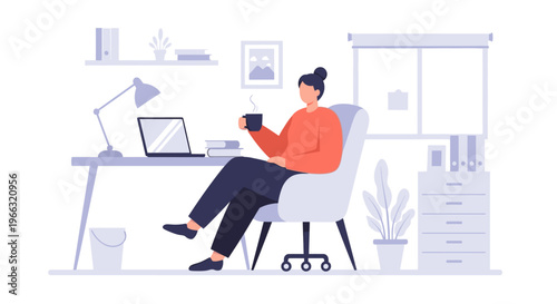 A man sits at a desk with a laptop and coffee cup in a modern office space with minimal decor.