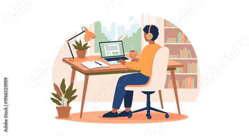 Illustration of a woman sitting at a desk with a laptop and notebook in a home office setting with plants and books.