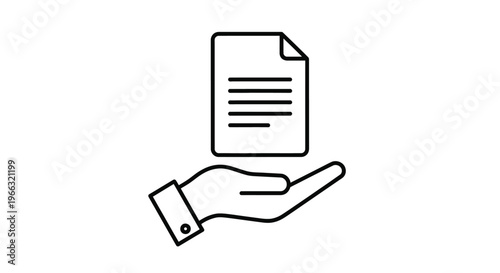 Simple black line art vector graphic illustration depicting a hand carefully presenting a single document or official paper file.