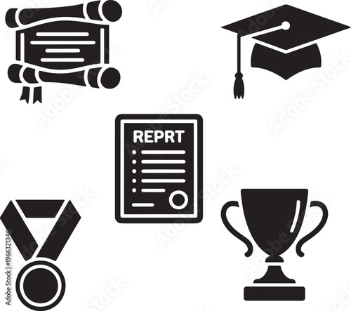 Academic achievement icons set showing diploma scroll graduation cap report card and trophy