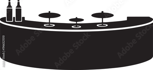 Curved bar counter with bottles and stools for drinks and socializing entertainment scenes