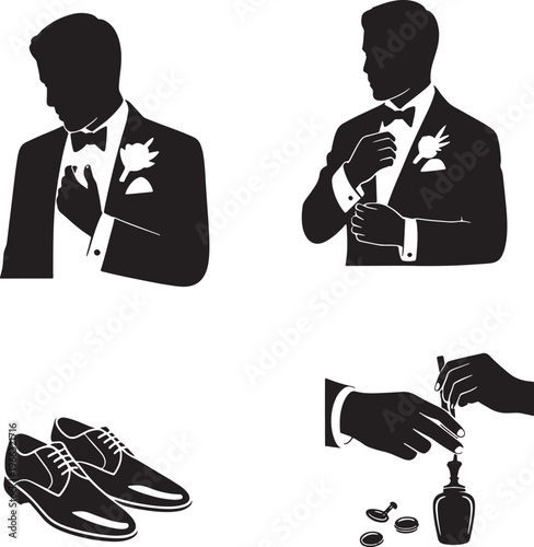 Groom getting dressed silhouette icons set showing man adjusting bow tie cufflinks and perfume
