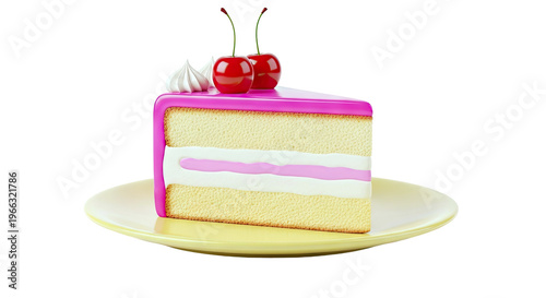 Slice of Pink Frosted Cake with Cherries and Cream on a Yellow Plate