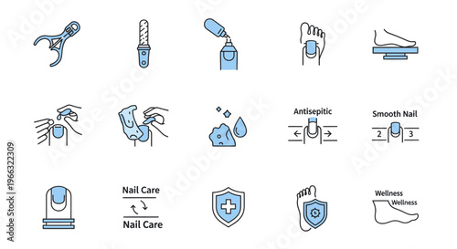 Collection of nail care and foot hygiene icons, illustrating various aspects of manicure, pedicure, and wellness treatments.