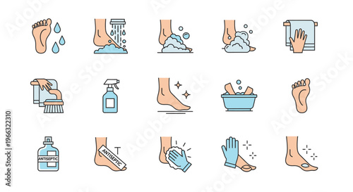 Collection of line icons depicting various steps and tools for foot care, hygiene, and treatment, including washing, scrubbing, soaking, drying, and applying products.