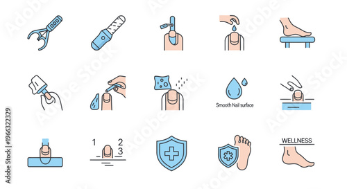 Set of line icons illustrating various steps and tools for nail care, manicure, pedicure, and overall hand and foot wellness routines.