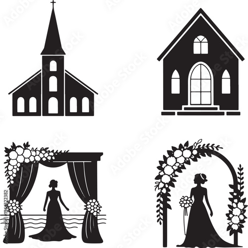 Wedding ceremony icons including churches, arches, bride with flowers and veil