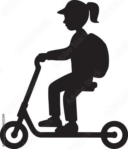Young girl riding kick scooter wearing cap and backpack silhouette for transportation
