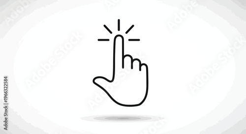 A minimalist vector graphic illustration presents an outlined hand icon with its index finger pointing upwards, radiating lines, signifying a decisive digital click or tap interaction.