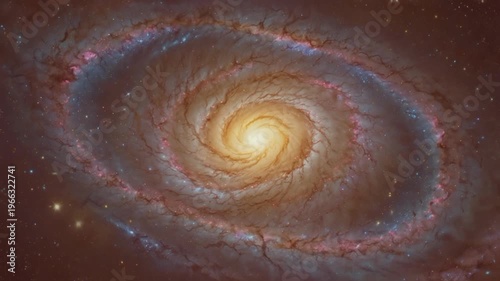 A spectacular view of a magnificent spiral galaxy in the darkness of space. The center of the galaxy emits a very bright and warm yellowish light.