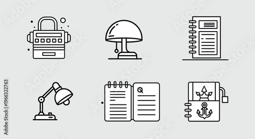 Office desk with stationery icons