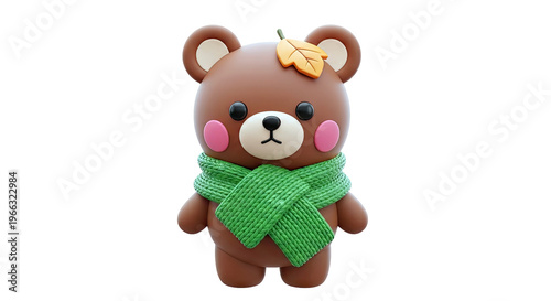 Cute 3D Bear with Scarf and Leaf