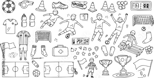 Soccer Doodle Set: Hand-Drawn Football Elements and Characters Illustration