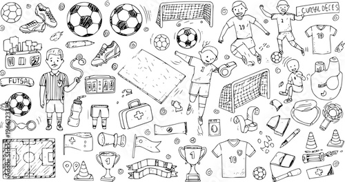 Black and white hand drawn doodle collection of soccer and futsal elements including players, referee, balls, goals, equipment, and accessories.